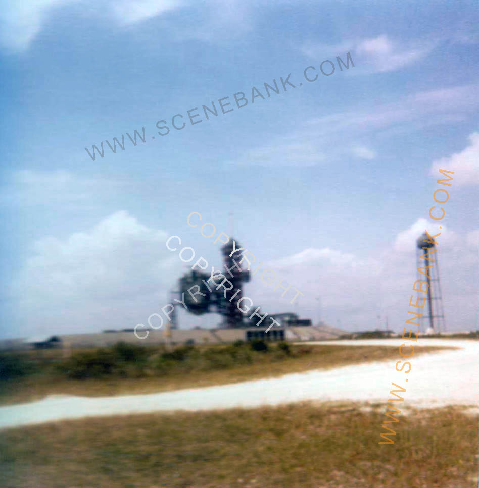 1979 picture of NASA launchpad and water tower at Cape Canaveral, Florida, USA