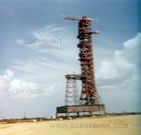 1979 photo of NASA rocket launch pad - red metal - light clouds - at Cape Canaveral, Florida, USA