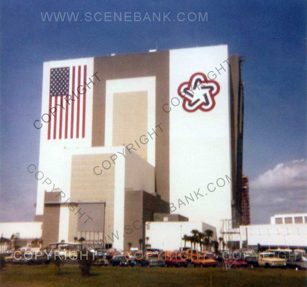 1979 picture of NASA vehicle assembly building - 1970's era cars and trucks at Cape Canaveral, Florida, USA