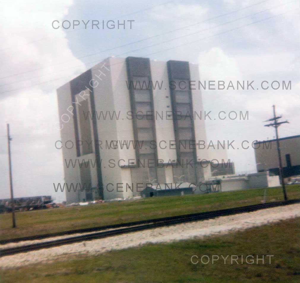 1979 photo of NASA Vehicle Assembly Building seen from inside a tour bus at Cape Canaveral, Florida, USA