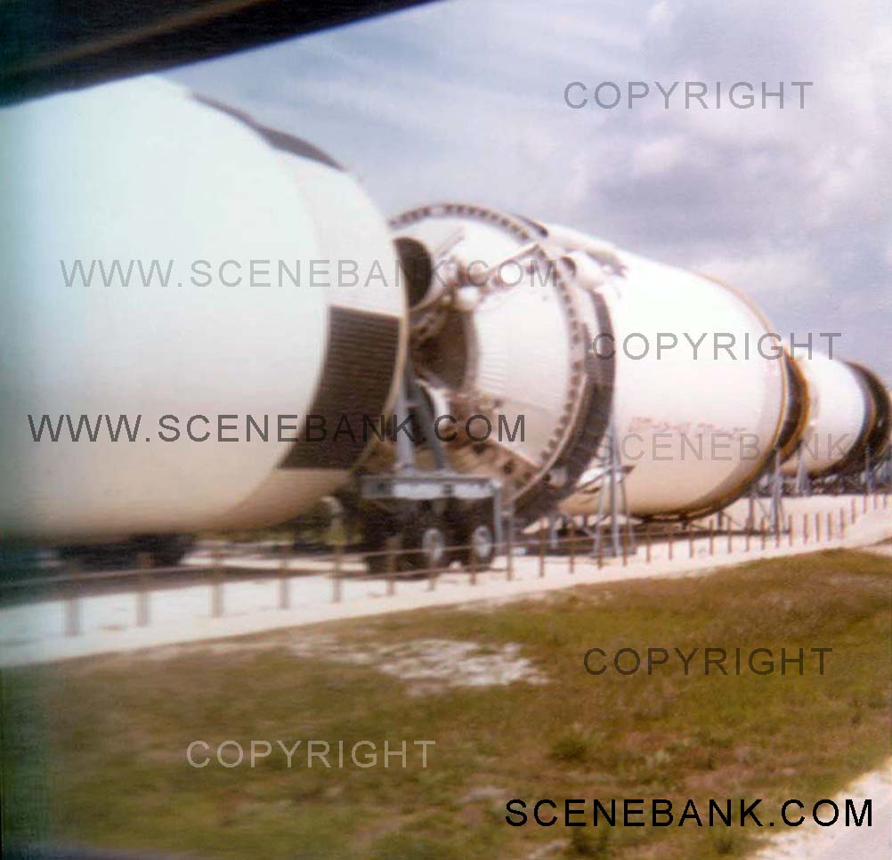 1979 photo of NASA Saturn V rocket laying on its side - taken from inside a tour bus