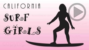 stylized woman on a surfboard, silhouette, funky style text; 